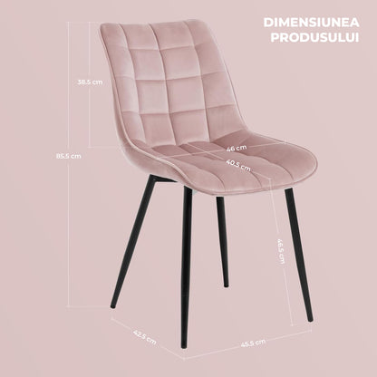 Set 2 Scaune Elindor® Ergonomice, Design Contemporan, Scaun cu Spatar si fara Manere, din Catifea cu Picioare Metalice Negre, Potrivite pentru Living, Bucatarie, Birou, Dormitor, Latime Sezut 46 cm, 85.5 x 45 x 42 cm, Roz
