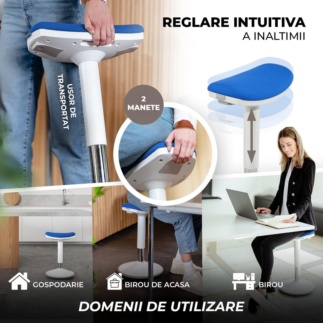 Scaun Ergonomic Elindor® cu Rotatie Libera, fara Spatar si Manere, Design Compact, Tapitat cu Burete Moale, cu Picior Metalic, Potrivite pentru Bucatarie, Birou, Medici, Inaltime Ajustabila 48-63 cm, Albastru