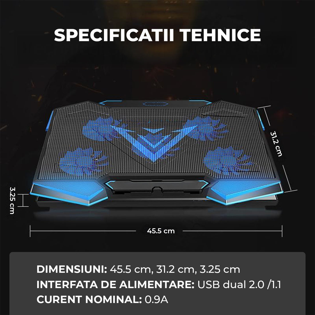 Cooler Laptop Gaming RGB Elindor® Suport cu Unghi Reglabil pe 5 Nivele, Viteza Ajustabila, Dimensiuni Compatabile 15.6-17 Inch, 5 Ventilatoare Puternice si Silentioase 20dB, 2 Porturi USB, pentru Birou, Calatorii, 45.5 x 32 x 3.2 cm, Negru