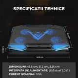 Cooler Laptop Gaming RGB Elindor® Suport cu Unghi Reglabil pe 5 Nivele, Viteza Ajustabila, Dimensiuni Compatabile 15.6-17 Inch, 5 Ventilatoare Puternice si Silentioase 20dB, 2 Porturi USB, pentru Birou, Calatorii, 45.5 x 32 x 3.2 cm, Negru