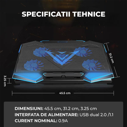 Cooler Laptop Gaming RGB Elindor® Suport cu Unghi Reglabil pe 5 Nivele, Viteza Ajustabila, Dimensiuni Compatabile 15.6-17 Inch, 5 Ventilatoare Puternice si Silentioase 20dB, 2 Porturi USB, pentru Birou, Calatorii, 45.5 x 32 x 3.2 cm, Negru