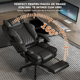 Scaun de Birou Elindor® Ergonomic, Design Contemporan, Scaun cu Spatar si Manere, din Piele PU cu Suport pentru Picioare si Roti, Latime Sezut 58 cm, Inaltime intre 48-56 cm, Negru