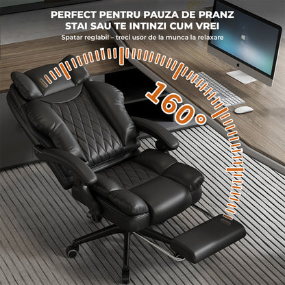 Scaun de Birou Elindor® Ergonomic, Design Contemporan, Scaun cu Spatar si Manere, din Piele PU cu Suport pentru Picioare si Roti, Latime Sezut 58 cm, Inaltime intre 48-56 cm, Negru