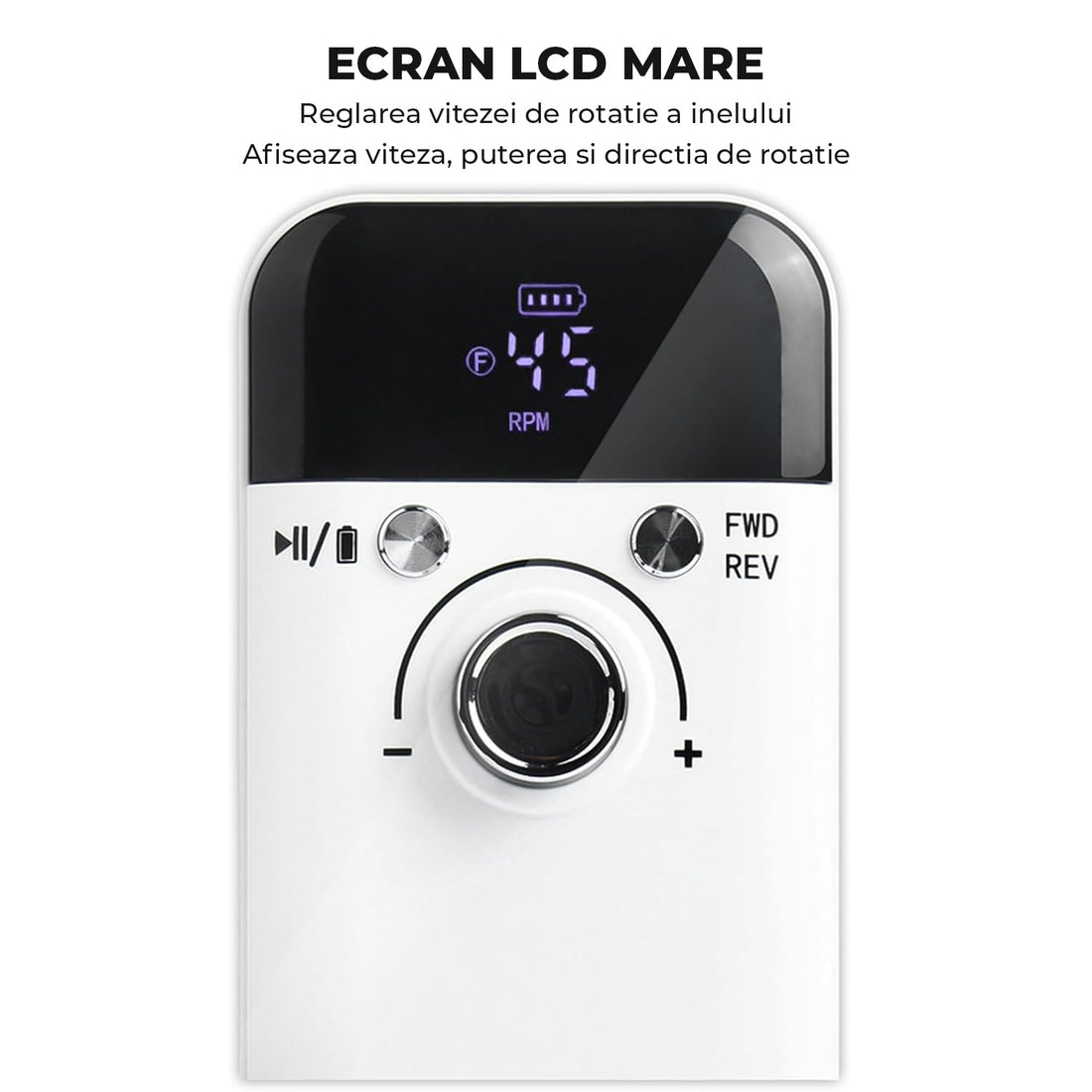 Freza Unghii Electrica Elindor® cu Suport Pila Electrica Reincarcabila, Set Complet de Ingrijire pentru Manichiura si Pedichiura Profesionala, Cuticule sau Calcaie, 45000 RPM, Viteza Reglaj Continuu, 6 Capete Detasabile, 6 Benzi Abrazive, Ecran LCD, Alb