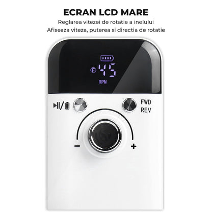 Freza Unghii Electrica Elindor® cu Suport Pila Electrica Reincarcabila, Set Complet de Ingrijire pentru Manichiura si Pedichiura Profesionala, Cuticule sau Calcaie, 45000 RPM, Viteza Reglaj Continuu, 6 Capete Detasabile, 6 Benzi Abrazive, Ecran LCD, Alb