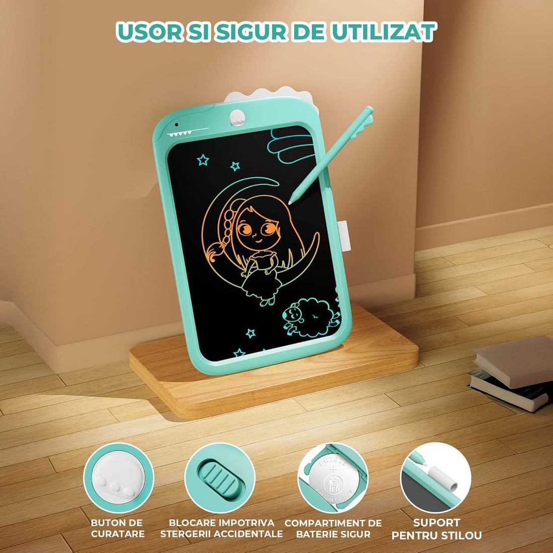 Tableta LCD Desen Elindor® 10 Inch, Jucarie Educativa Pentru Copii, Portabila, Albastru