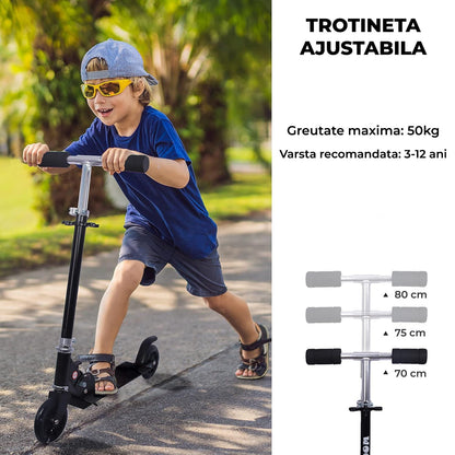 Trotinetă Elindor® Pliabilă cu Ghidon Ajustabil, Roți LED, Negru