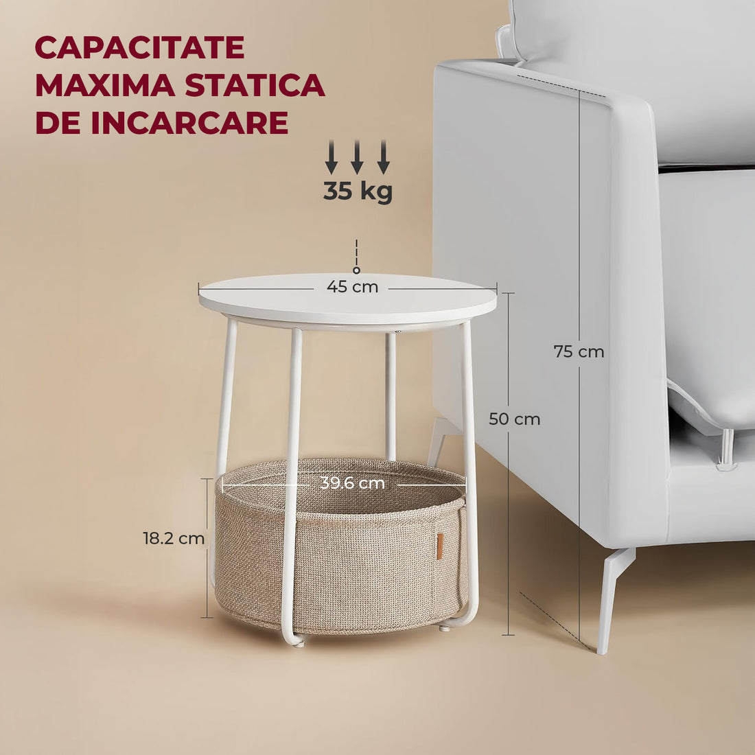 Masa de Cafea Laterala Elindor® Rotunda, Design Industrial, Ideala pentru Living, Birou, Dormitor, Mobila Multifunctionala, Moderna, Greutate Maxima Suportata 35 kg, Cos Depozitare, 50 x 45 x 45 cm, Alb