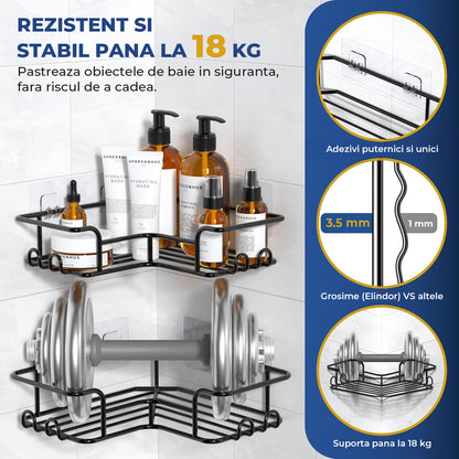 Set 5 Rafturi de Dus Elindor® Polita cu Adeziv, Etajera de Baie pentru Colt, Raft cu Carlige, din Otel Carbon, Suport Prosop si Sapun, Organizator Baie sau Etajere Depozitare in Bucatarie, Accesorii Sanitare, Negru