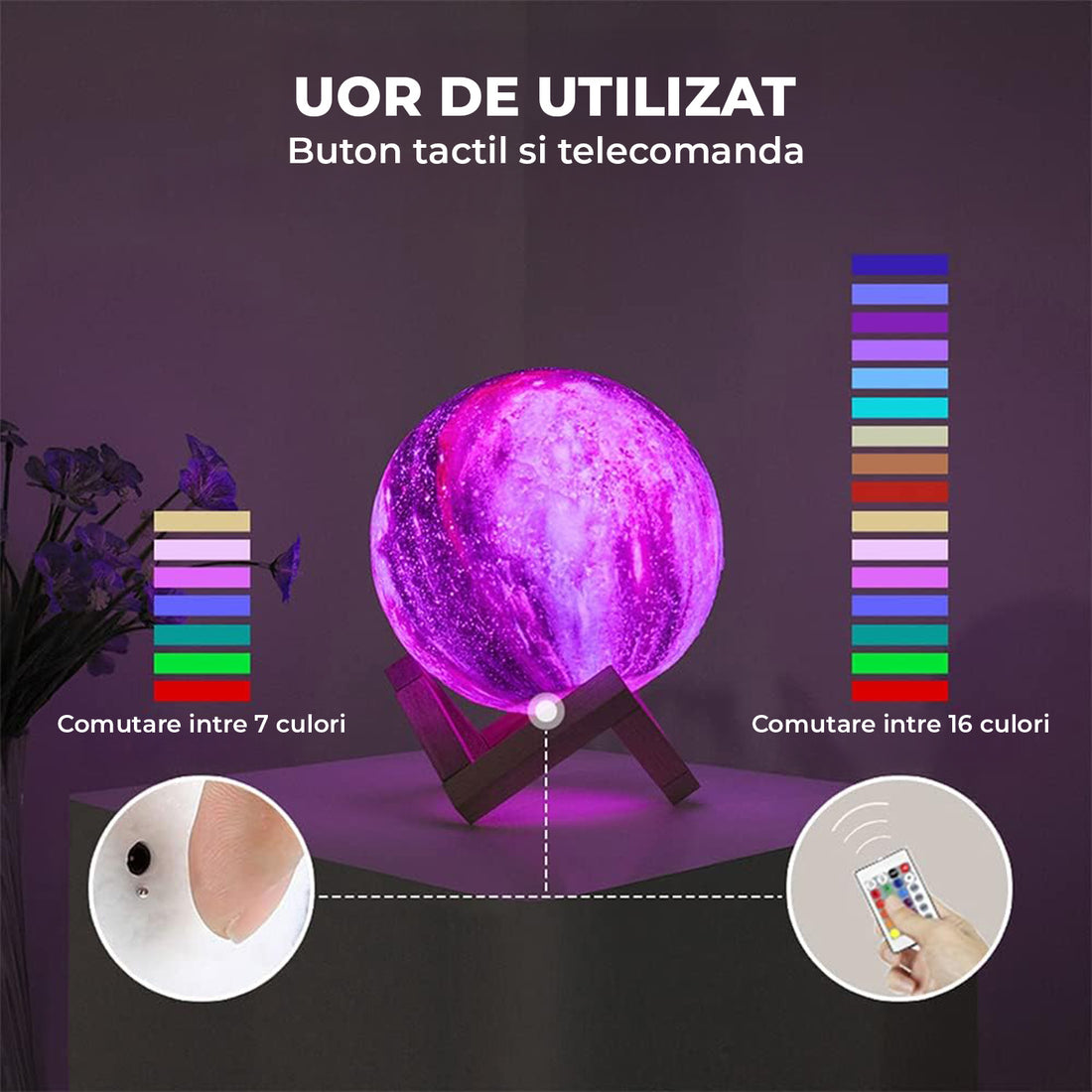 Lampa de Veghe Elindor® cu LED, Model Luna si Galaxie, Incarcare USB, 16 Culori pentru Camera cu Efect 3D, Veioza Control prin Atingere si cu Telecomanda, Potrivita si pentru Noptiera in Dormitor,  Atractiva pentru Camera Copilului, Baza din Lemn