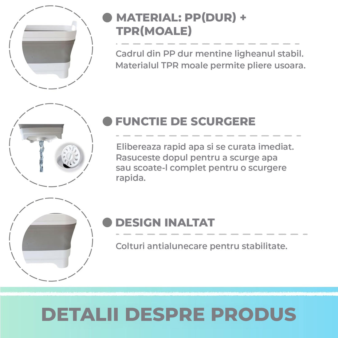 Lighean Pliabil Elindor® cu Dop de Scurgere, din Plastic Dur, Mare, Cos Rufe pentru Baie, Cadita pentru Animale de Companie, Ideal pentru Camping / Rulota, Baza Antialunecare, 30.5×31.5×20 cm, Gri / Alb