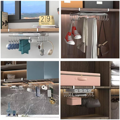 Suport de Perete Elindor® pentru Ustensile de Bucatarie, cu 10 Carlige, Sistem de Prindere prin Agatare, fara Gauri, Depozitare Diversa si Multipla, Suport Metalic, Accesorii Organizare, Economisire Spatiu, Organizator de 26 x 25  x 13 cm, Argintiu