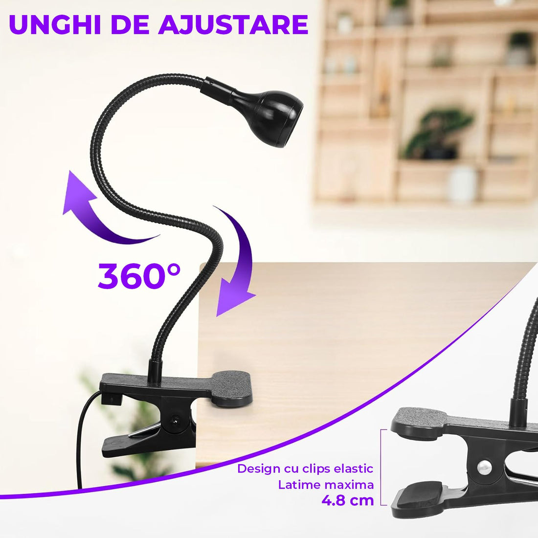 Lampa Profesionala Elindor® pentru Uscare Unghii, cu LED UV Reglabil, Clema, USB, Ajustabila, 37 cm ,Negru