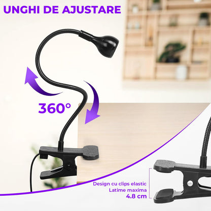 Lampa Profesionala Elindor® pentru Uscare Unghii, cu LED UV Reglabil, Clema, USB, Ajustabila, 37 cm ,Negru