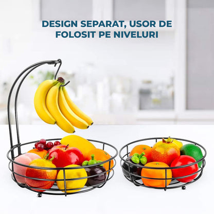 Cos de Fructe si Legume Elindor® Metalic, pe 2 Nivele, cu Carlig pentru Banane, Potrivit pentru Blat sau Masa Bucatarie, Living, Organizator cu Suport Detasabil, Depozitare Universala, 38 x 28 x 22 cm, Negru