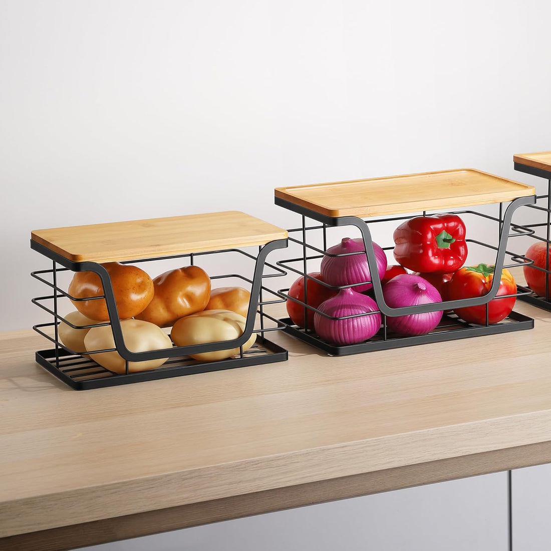 Set 2 Cosuri Depozitare Elindor® cu Capac, Organizator Metalic pentru Bucatarie si Baie, Organizatoare Stivuibile Dulap, Cutii pentru Camara, Baie, Bar, Birou, Cos Multifunctional, Separator Fructe, Legume, Parfumuri, Creme, Bambus