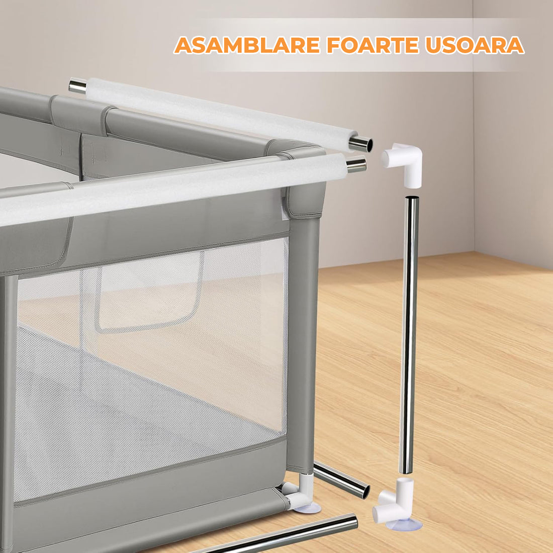 Tarc de Joaca pentru Bebelusi si Copii Elindor® cu Husa Groasa din Spuma, Spatiul Sigur de Joaca, Plasa de Protectie, Include Usa cu Fermoar, Materiale Eco-Friendly și Non-Toxice, Varsta 0-5 ani, 127 x 127 cm, Gri