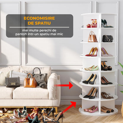 Organizator pentru Pantofi Elindor® Pantofar cu 4x 7 Nivele, Rotativ 360°, Suport pentru Papuci, Dulap Hol, Dormitor, Economisire Spatiu, Depozitare Incaltaminte, 59×59×160 cm, Alb