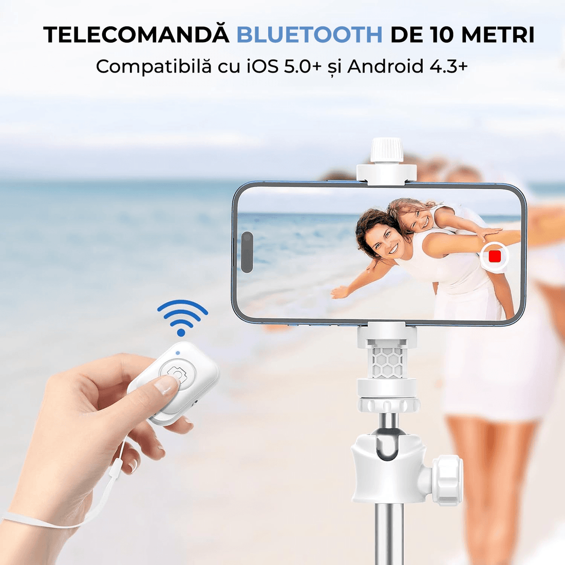 Trepied foto telescopic, universal pentru telefon/cameră/GoPro, Bluetooth, ajustabil, alb
