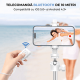 Trepied foto telescopic, universal pentru telefon/cameră/GoPro, Bluetooth, ajustabil, alb