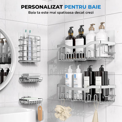 Set 5 Rafturi de Dus Elindor® Polita cu Adeziv, Etajera de Baie, Raft cu Carlige, din Otel Inoxidabil, Suport Prosop si Sapun, Organizator Baie sau Etajere Depozitare in Bucatarie, Accesorii Sanitare, Argintiu