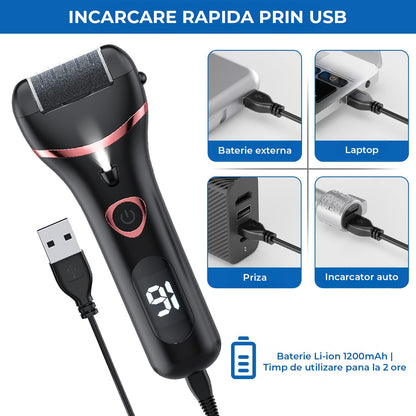 Pila Electrica Elindor® pentru Talpi si Calcaie, cu 3 Role de Slefuire, Display Digital, Rezistenta la Apa, Incarcare USB, 2 Viteze, Negru