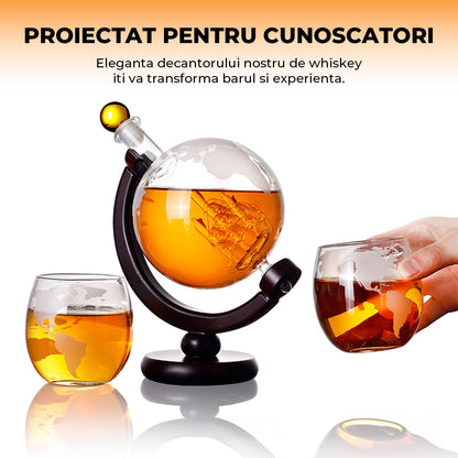 Set Decantor Whisky Glob Elindor®, 2 Pahare, Suport Lemn, 850ml