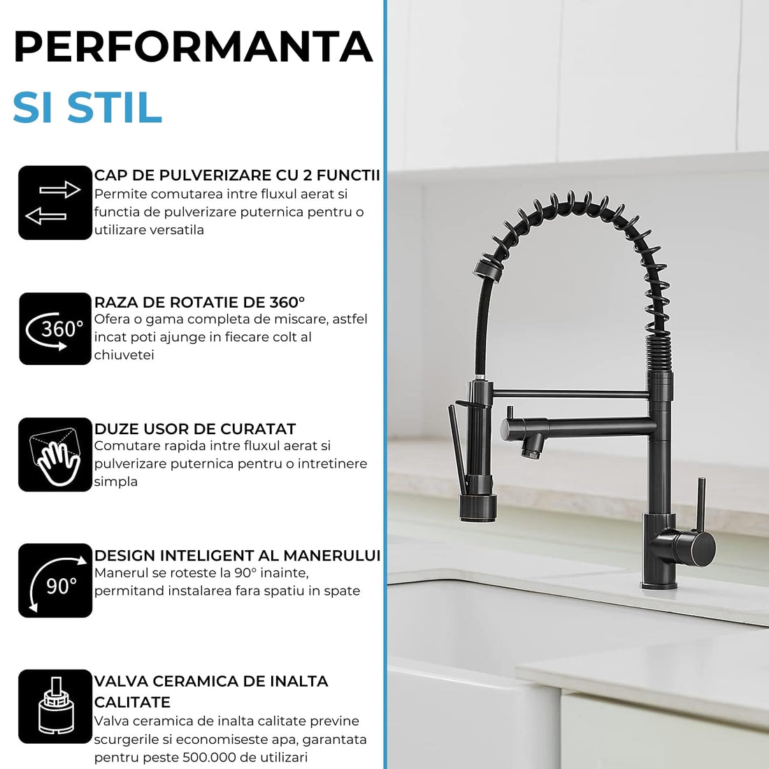 Baterie Chiuveta, Tip Cascada Elindor®, Robinet de Apa Modern, Monocomanda pentru Baie si Bucatarie, Otel Inoxidabil, Montare pe Chiuveta, Jet Larg, Multifunctionala Design Elegant pentru Lavoar sau Vas, Finisaj Mat Neagra