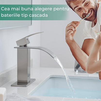 Baterie Cascadă Elindor® pentru Chiuveta Baie, Finisaj Nichel Satinat, Mâner Unic, Placă pentru 1 sau 3 Găuri