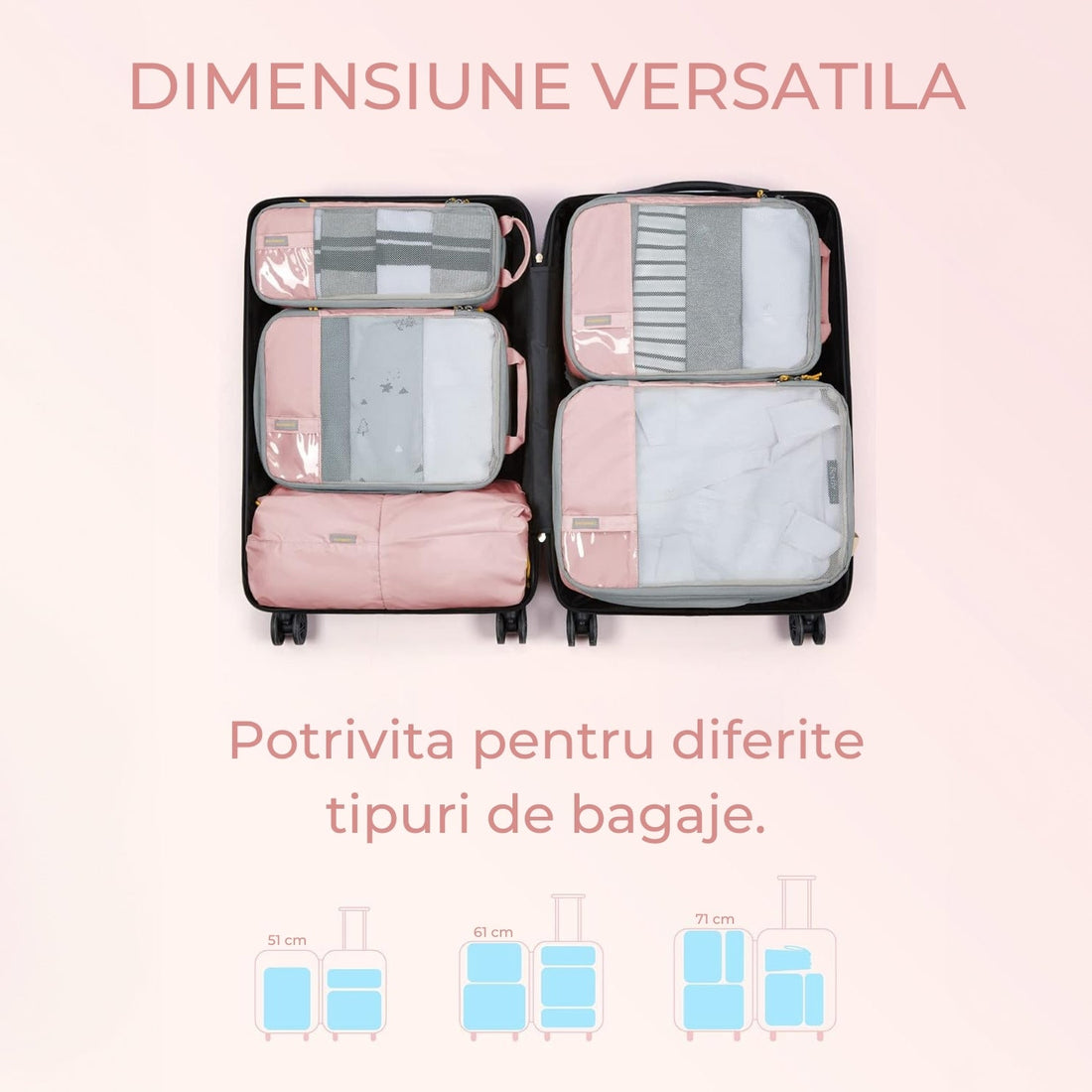 Set 6 Cuburi de Compresie Elindor® pentru Organizarea Bagajului – Roz, Accesorii Ușoare și Durabile pentru Călătorii
