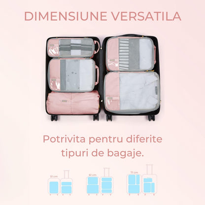 Set 6 Cuburi de Compresie Elindor® pentru Organizarea Bagajului – Roz, Accesorii Ușoare și Durabile pentru Călătorii