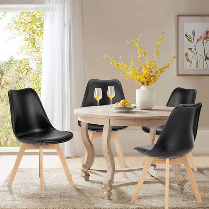 Set 4 Scaune Elindor® Stil Retro, Piele Ecologică și Picioare din Lemn, Negre