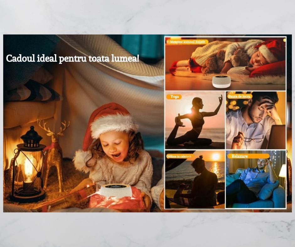 Dispozitiv Sunete Albe, 32 Sunete HD, Portabil, Reîncărcabil, 1800mAh, Lumină de Veghe, Display LCD, Control Tactil, 7 Culori Ajustabile, 3 Niveluri Intensitate