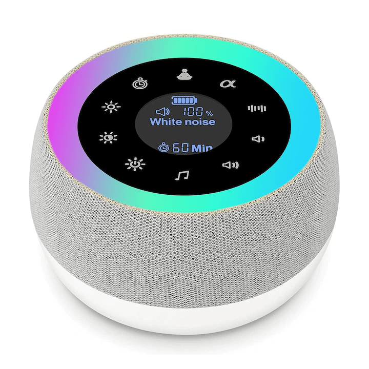 Dispozitiv Sunete Albe, 32 Sunete HD, Portabil, Reîncărcabil, 1800mAh, Lumină de Veghe, Display LCD, Control Tactil, 7 Culori Ajustabile, 3 Niveluri Intensitate