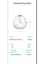 Umidificator Ultrasonic Profesional, 1.5L, Reglabil, Silentios, Alb/Albastru