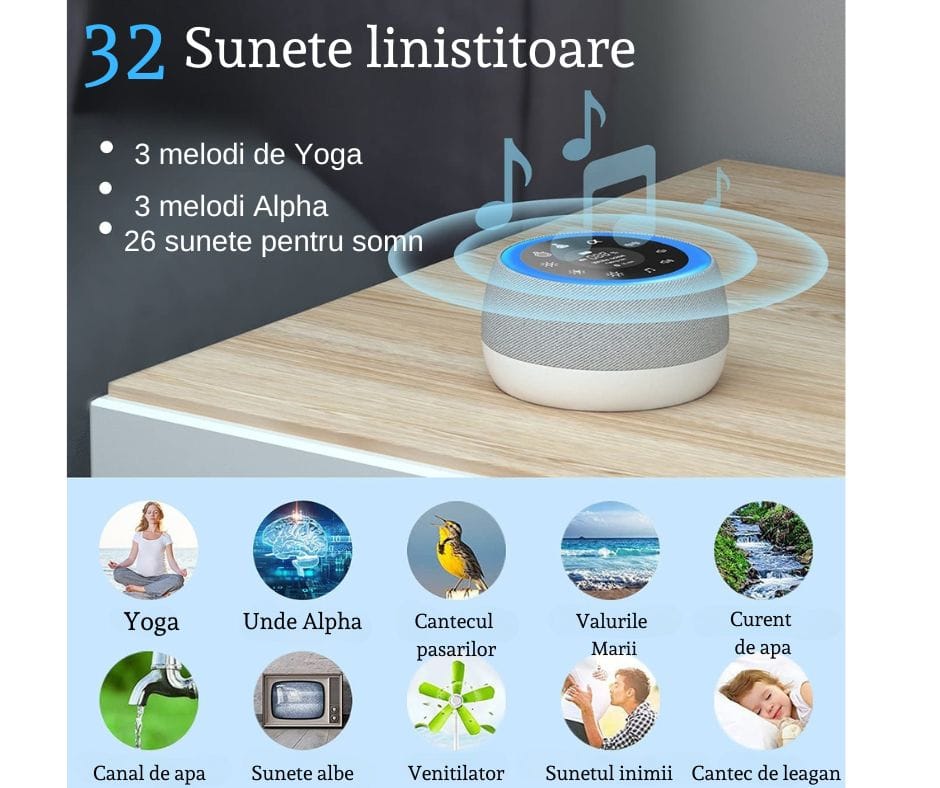 Dispozitiv Sunete Albe, 32 Sunete HD, Portabil, Reîncărcabil, 1800mAh, Lumină de Veghe, Display LCD, Control Tactil, 7 Culori Ajustabile, 3 Niveluri Intensitate