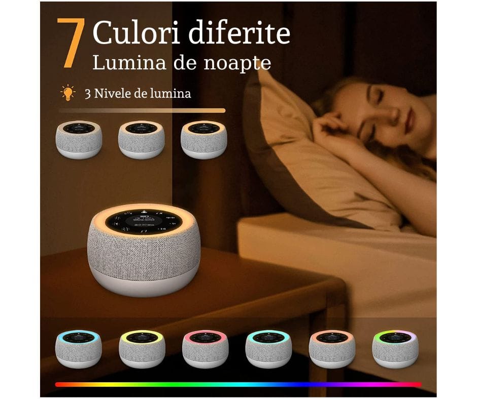 Dispozitiv Sunete Albe, 32 Sunete HD, Portabil, Reîncărcabil, 1800mAh, Lumină de Veghe, Display LCD, Control Tactil, 7 Culori Ajustabile, 3 Niveluri Intensitate