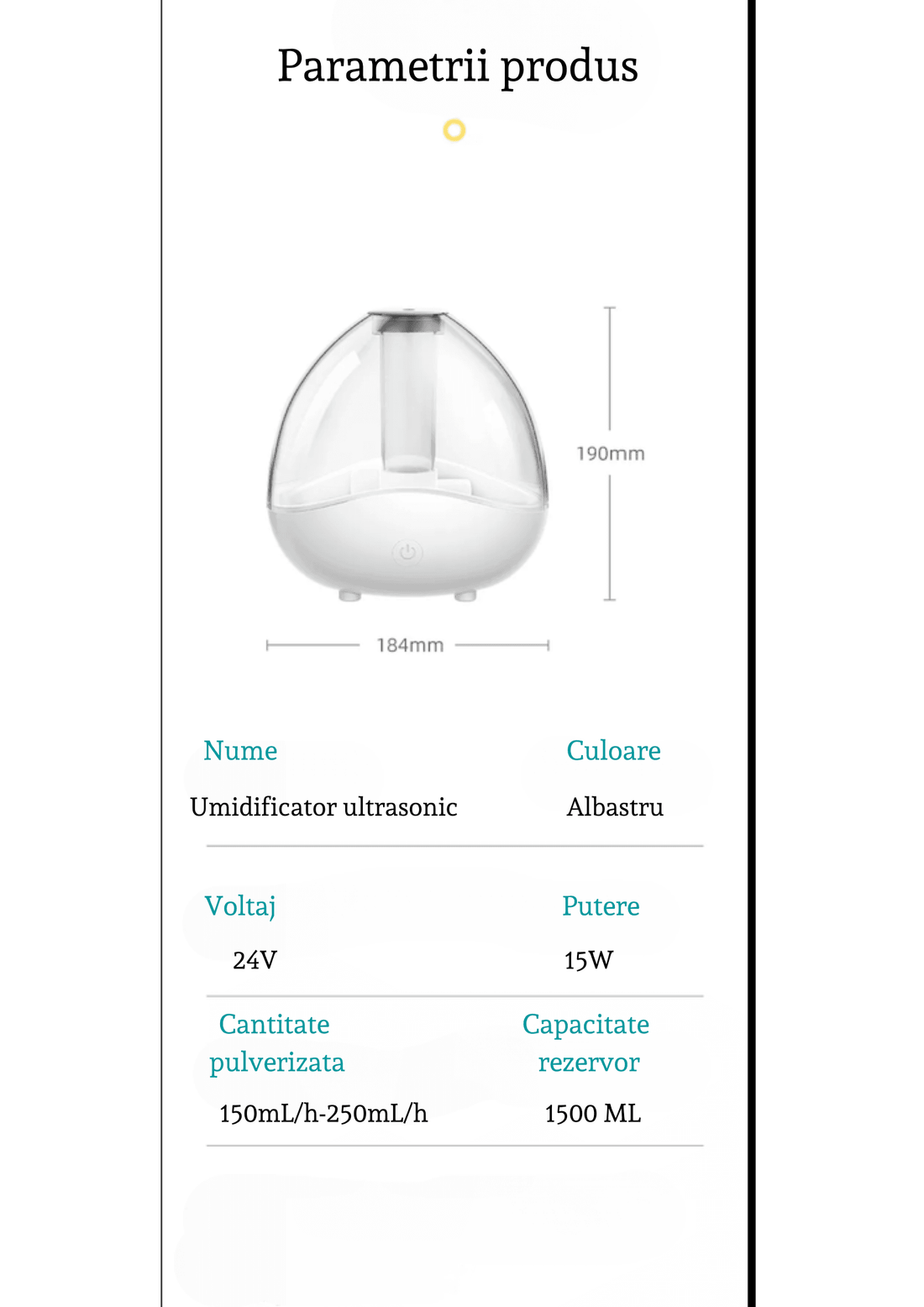 Umidificator Ultrasonic Profesional, 1.5L, Reglabil, Silentios, Alb/Albastru