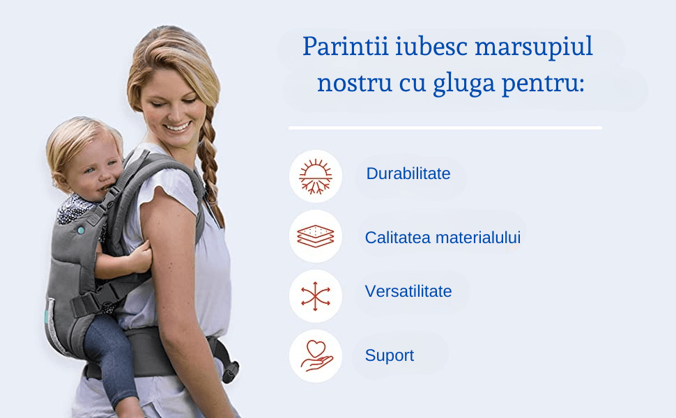 Marsupiu ergonomic cu glugă detașabilă, buzunar de depozitare, suport lombar, poziții spate sau rucsac pentru bebeluși.