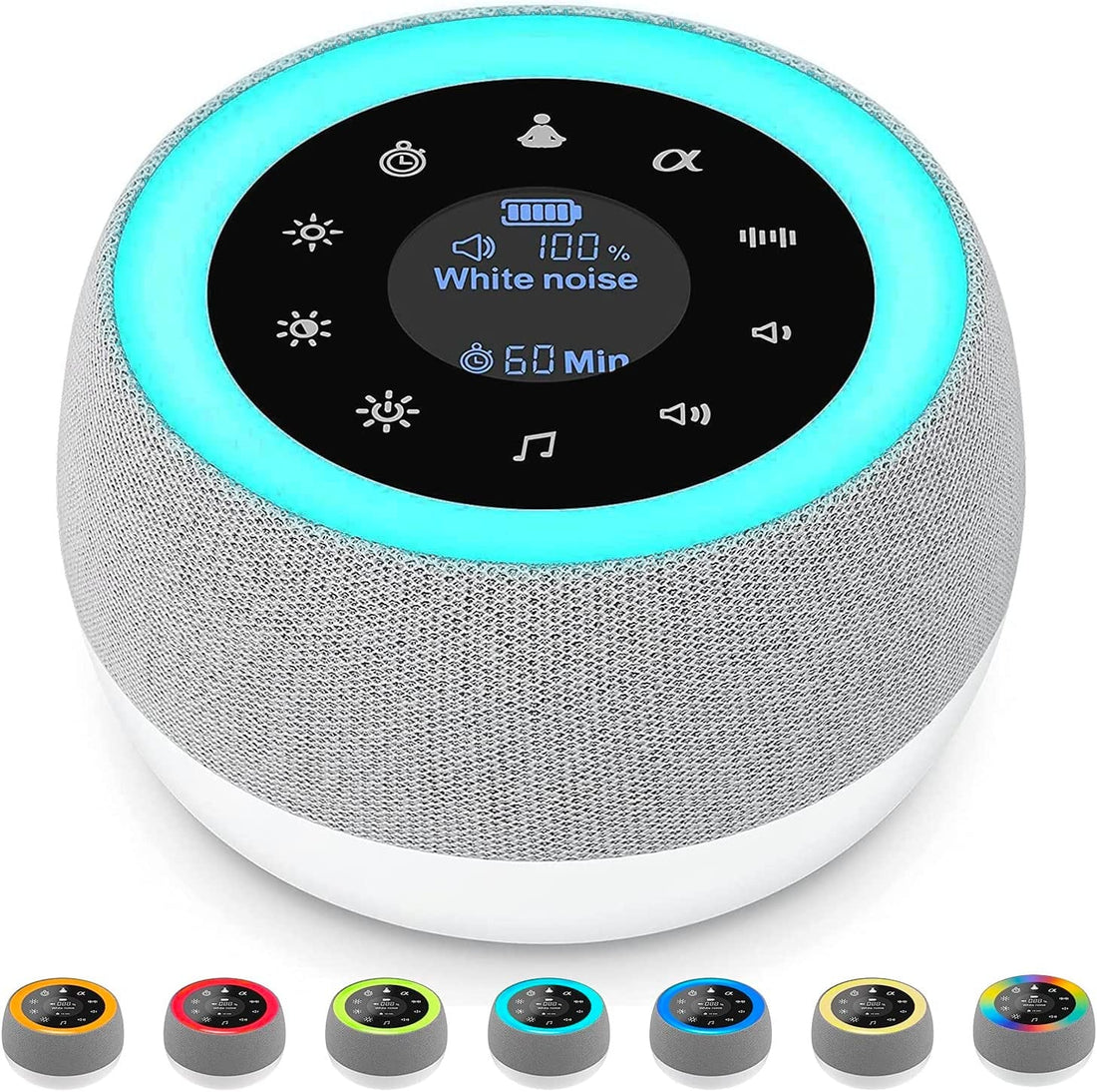 Dispozitiv Sunete Albe, 32 Sunete HD, Portabil, Reîncărcabil, 1800mAh, Lumină de Veghe, Display LCD, Control Tactil, 7 Culori Ajustabile, 3 Niveluri Intensitate