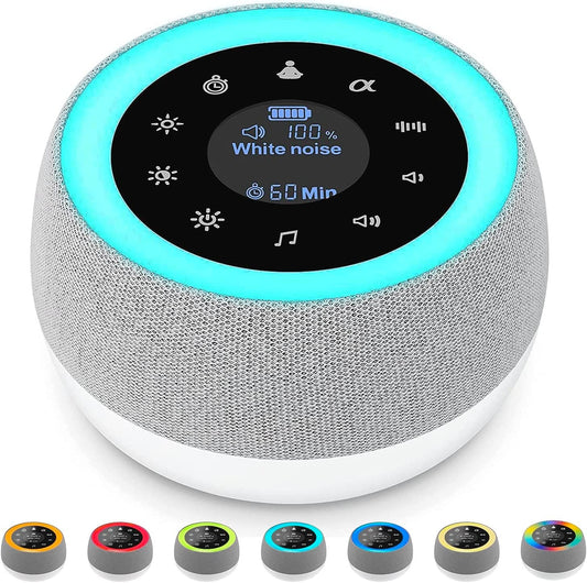 Dispozitiv Sunete Albe, 32 Sunete HD, Portabil, Reîncărcabil, 1800mAh, Lumină de Veghe, Display LCD, Control Tactil, 7 Culori Ajustabile, 3 Niveluri Intensitate