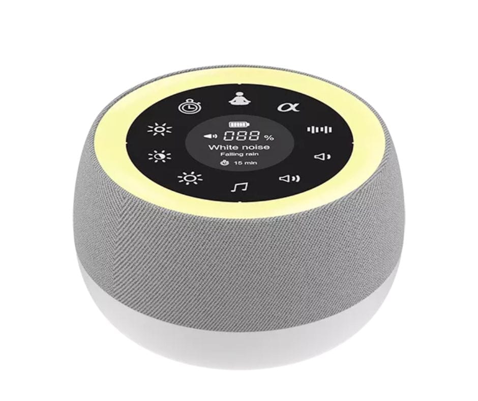 Dispozitiv Sunete Albe, 32 Sunete HD, Portabil, Reîncărcabil, 1800mAh, Lumină de Veghe, Display LCD, Control Tactil, 7 Culori Ajustabile, 3 Niveluri Intensitate