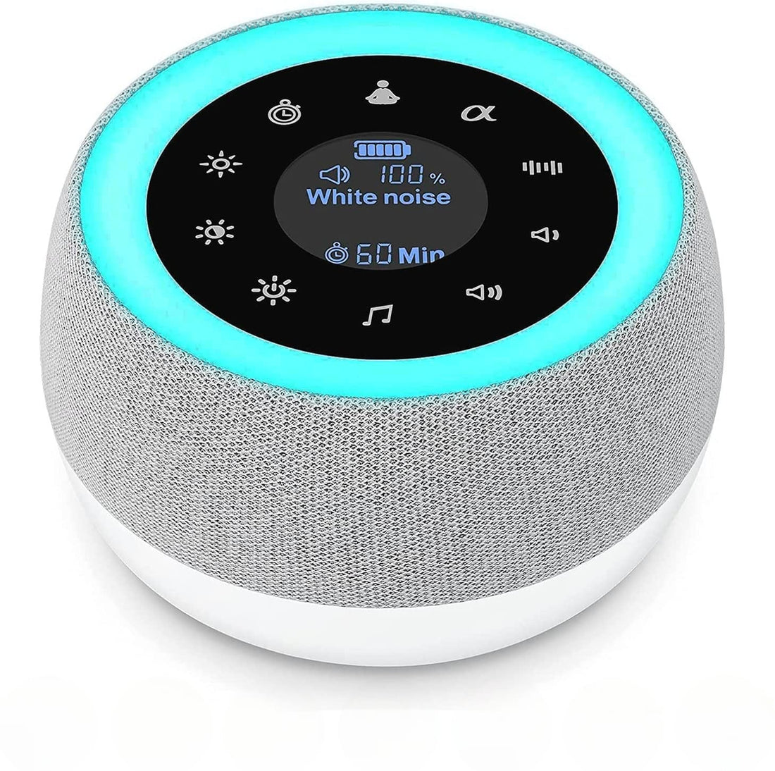 Dispozitiv Sunete Albe, 32 Sunete HD, Portabil, Reîncărcabil, 1800mAh, Lumină de Veghe, Display LCD, Control Tactil, 7 Culori Ajustabile, 3 Niveluri Intensitate