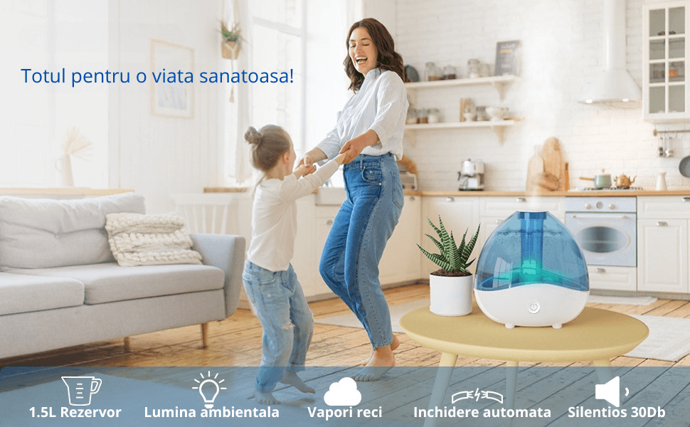 Umidificator Ultrasonic Profesional, 1.5L, Reglabil, Silentios, Alb/Albastru