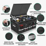 Organizator Portbagaj Auto Multifuncțional, Pliabil, 3 Compartimente, Capacitate 60L, Material Oxford 1680D, Bandă Reflectorizantă, 57 x 33.5 x 29 cm, Negru