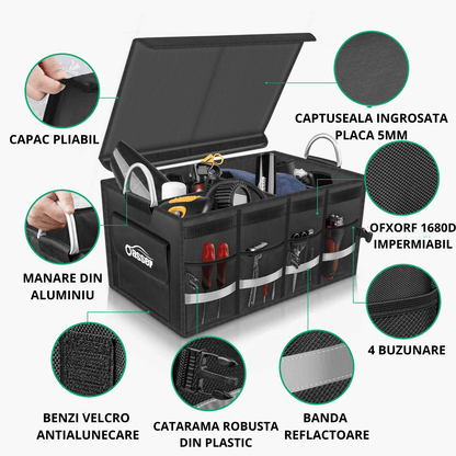 Organizator Portbagaj Auto Multifuncțional, Pliabil, 3 Compartimente, Capacitate 60L, Material Oxford 1680D, Bandă Reflectorizantă, 57 x 33.5 x 29 cm, Negru