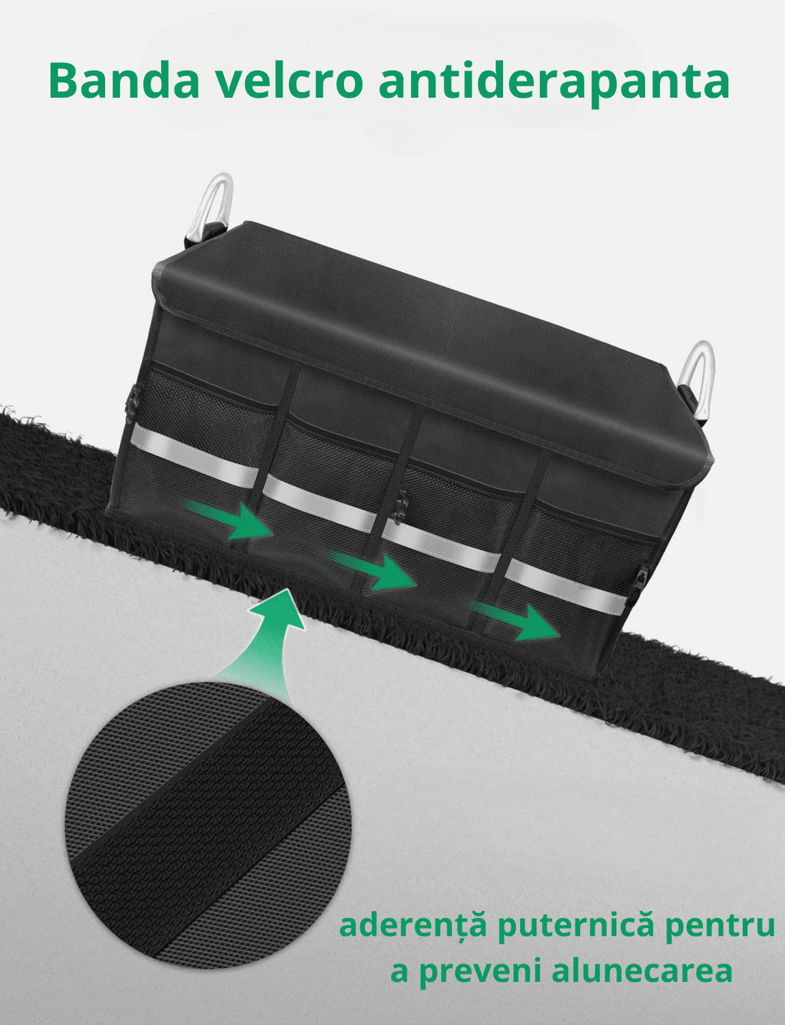 Organizator Portbagaj Auto Multifuncțional, Pliabil, 3 Compartimente, Capacitate 60L, Material Oxford 1680D, Bandă Reflectorizantă, 57 x 33.5 x 29 cm, Negru