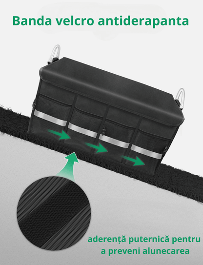 Organizator Portbagaj Auto Multifuncțional, Pliabil, 3 Compartimente, Capacitate 60L, Material Oxford 1680D, Bandă Reflectorizantă, 57 x 33.5 x 29 cm, Negru