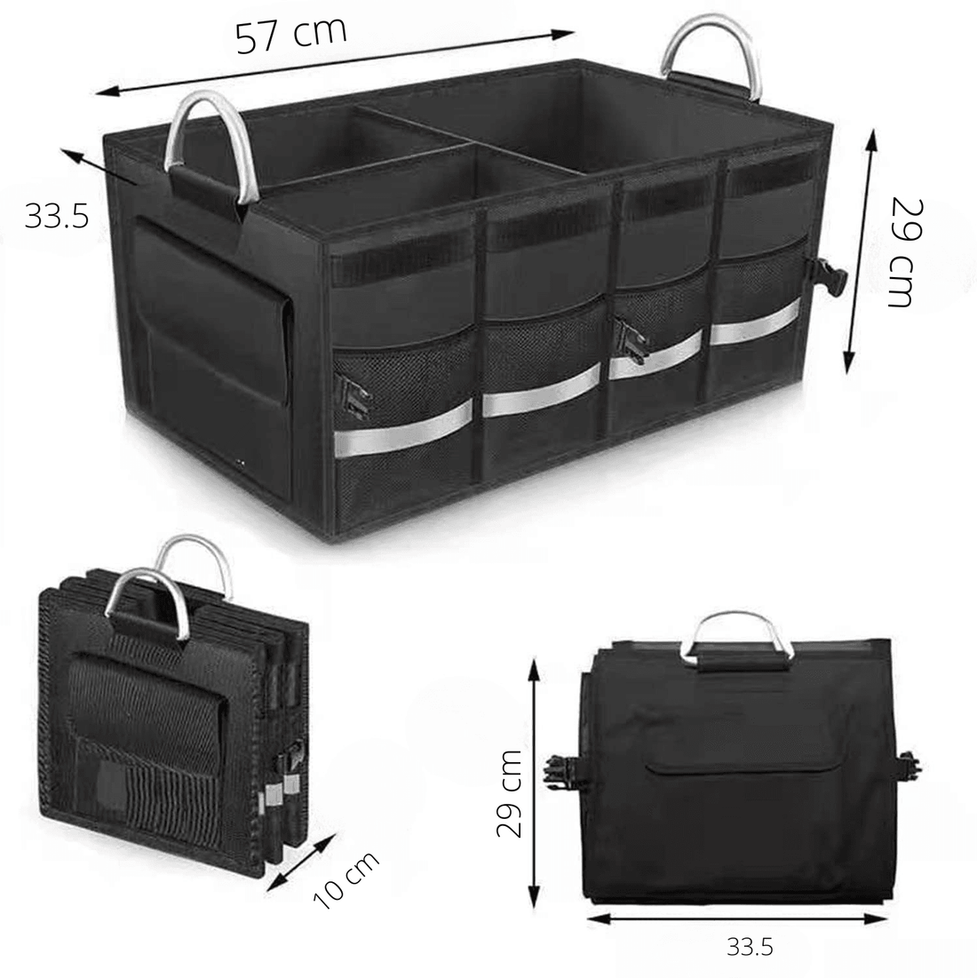 Organizator Portbagaj Auto Multifuncțional, Pliabil, 3 Compartimente, Capacitate 60L, Material Oxford 1680D, Bandă Reflectorizantă, 57 x 33.5 x 29 cm, Negru