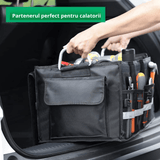 Organizator Portbagaj Auto Multifuncțional, Pliabil, 3 Compartimente, Capacitate 60L, Material Oxford 1680D, Bandă Reflectorizantă, 57 x 33.5 x 29 cm, Negru